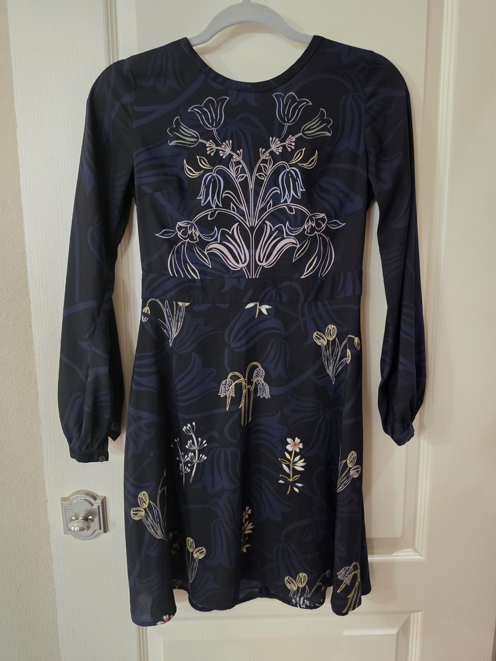 Navy Floral Long-Sleeve A-Line Dress